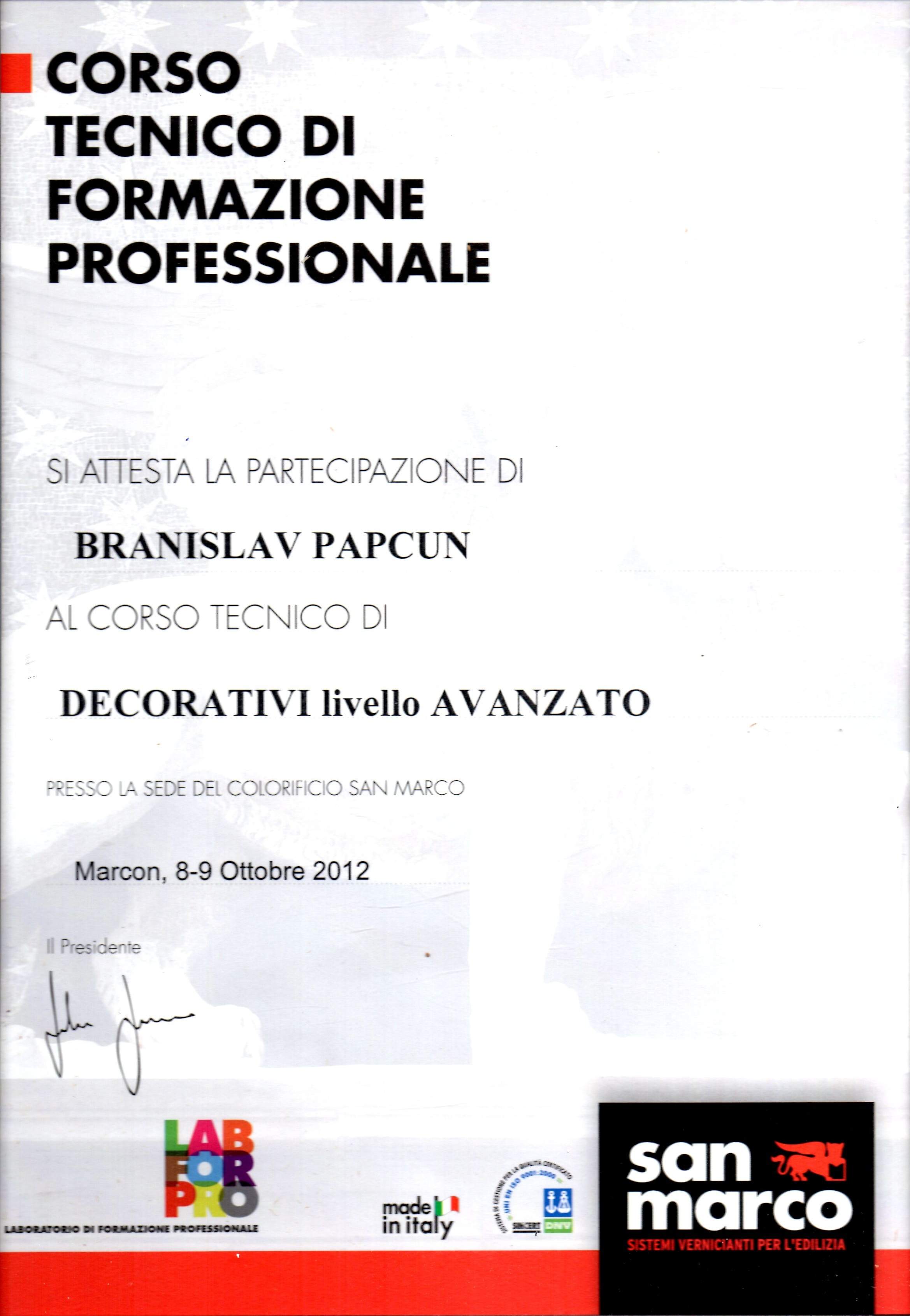 San Marco certifikát 2012