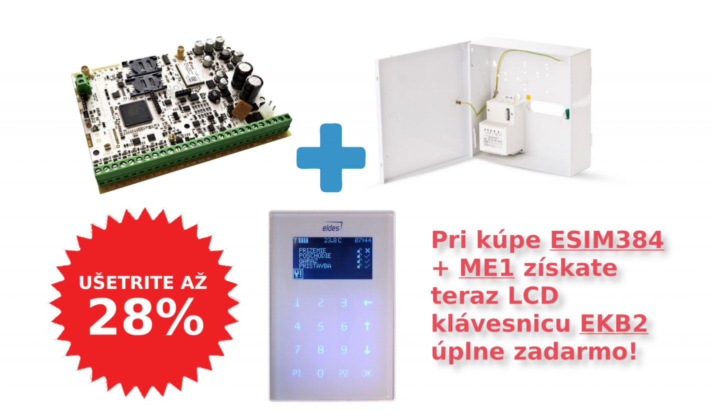 Eldes Ústredňa ESIM384 + box so zdrojom ME1 + LCD klávesnica EKB2 biela