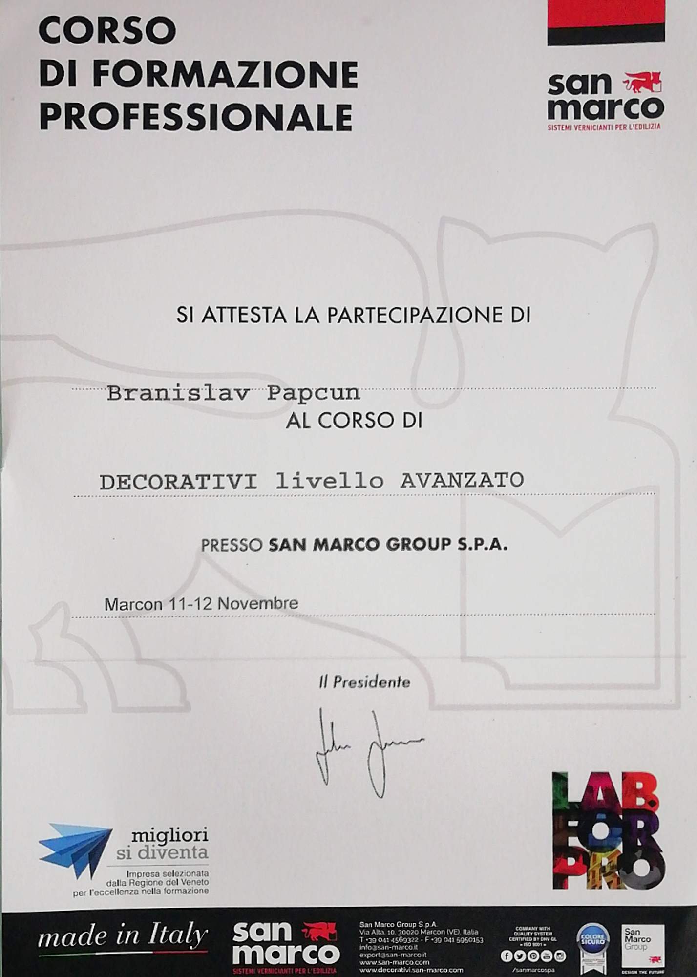 San Marco certifikát 2019