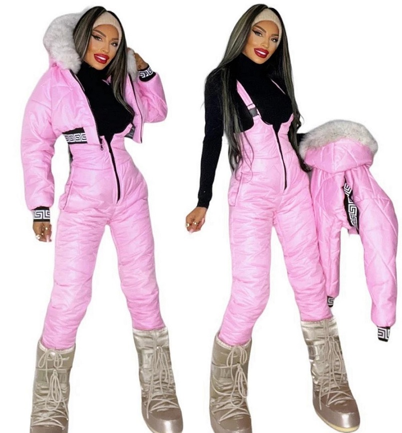 Trendy dámska lyžiarska súprava pink s kapucňou
