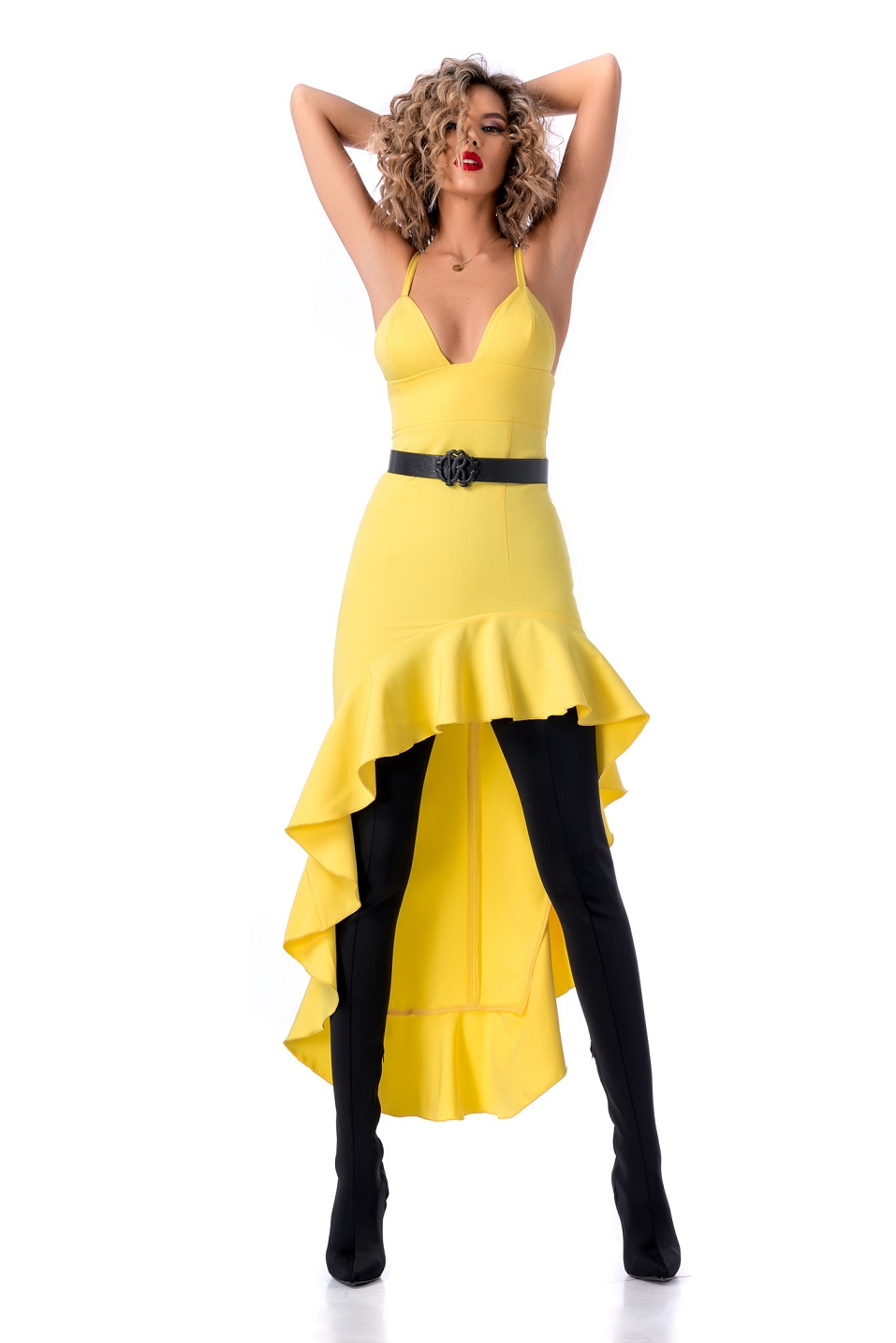 Dlhé žlté šaty Ocassion s volánmi