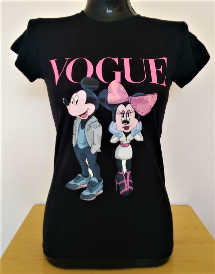 Bavlnené dámske čierne tričko Mickey Mouse s potlačou