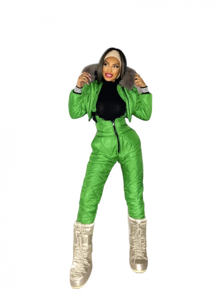 Dámsky zateplený zelený lyžiarsky overal + bunda s kožušinou